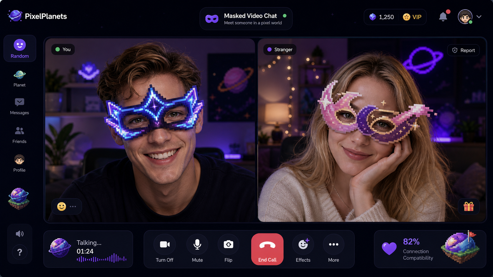 Three users in a masked video chat