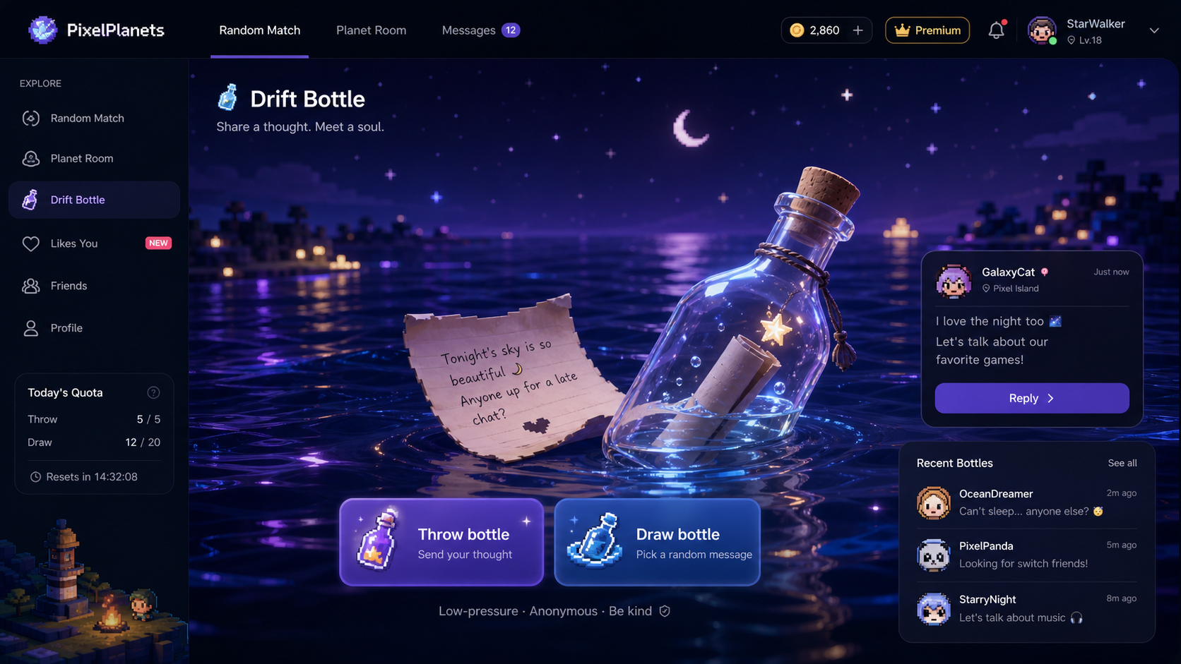 PixelPlanets drift bottle ocean message preview