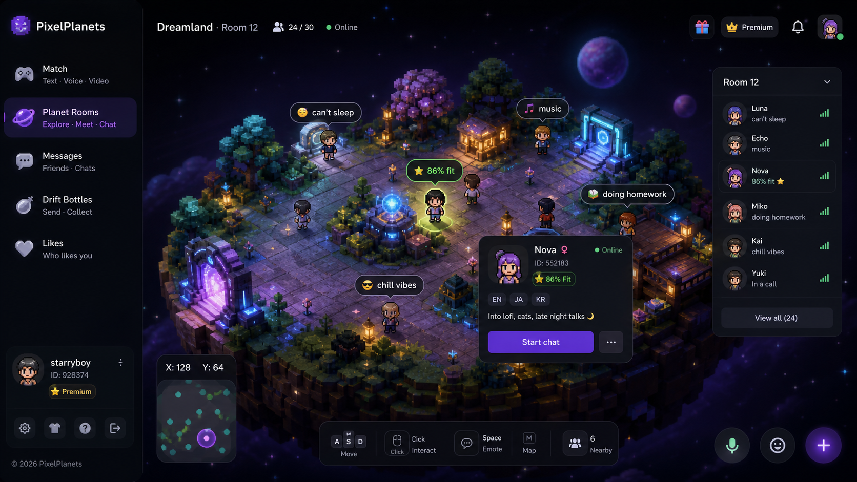 PixelPlanets 3D planet room map with avatars and compatibility hints