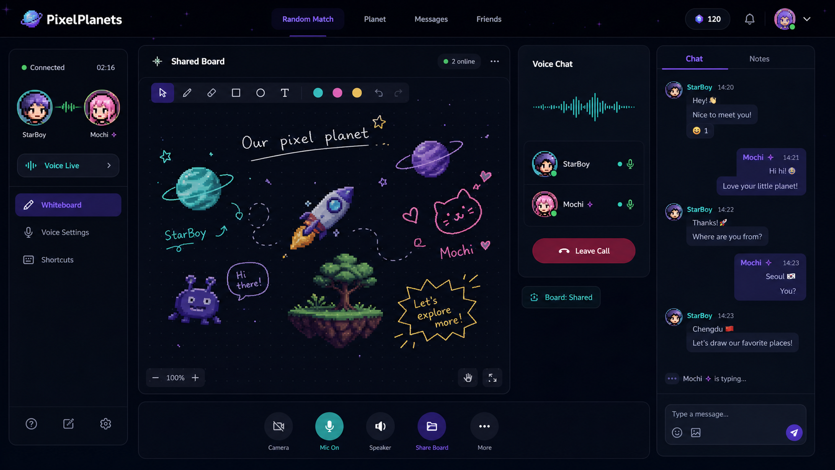 PixelPlanets voice chat, text chat, and shared whiteboard canvas preview